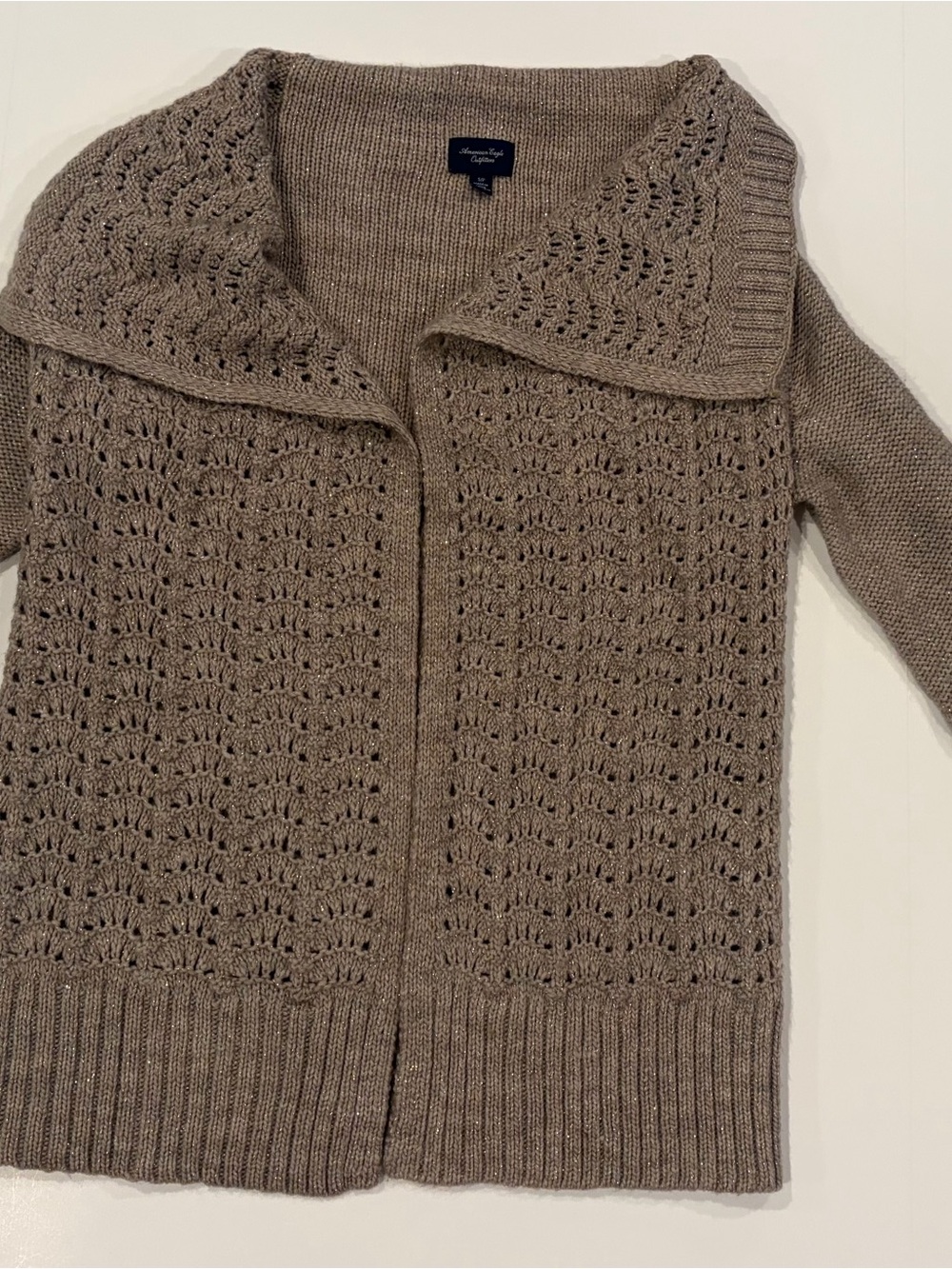 American Eagle Outfitters Taupe Open-Front Eyelet Knit Cardigan - Size S/P